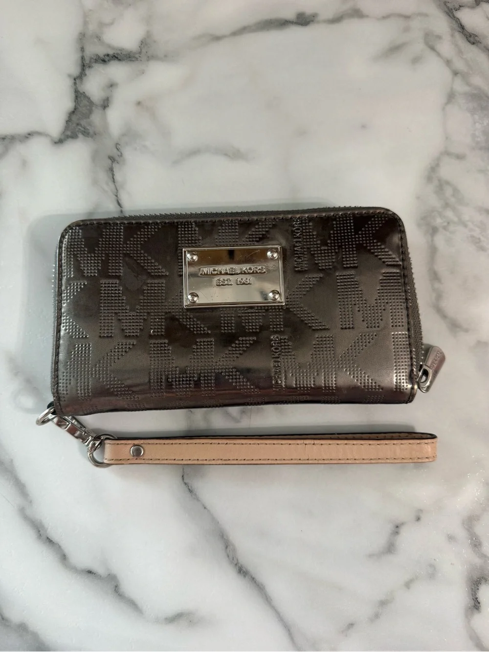 Michael Kors Metallic Brown Logo Zip Wristlet with Beige Strap